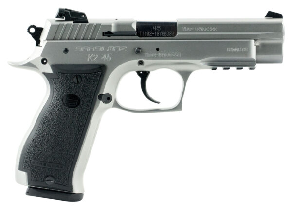 SAR USA K245ST K2  45 ACP 14+1, 4.70″ Black Steel Barrel, Stainless Steel Serrated Slide, Stainless Steel Frame w/Beavertail & Picatinny Rail, Black Polymer Grip, Manual Thumb Safety, Right Hand