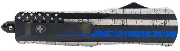 130560 Templar Knife LBTB131 Gen II Back The Blue Large 3.50″ OTF Dagger Plain Black Oxide Stonewashed 440C SS Blade, 5.25″ Black & White w/Blue Line Aluminum Handle, Glass Breaker