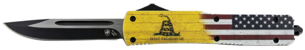 Templar Knife MDTOM331 Gen II Don’t Tread On Me Slim 3.50″ OTF Drop Point Plain Black Oxide Stonewashed 440C SS Blade, 5.05″ Yellow w/Flag & “Don’t Tread On Me” Aluminum Handle, Glass Breaker