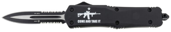 130596 Templar Knife LAR15431 Gen II Come And Take It Large 3.50″ OTF Dagger Part Serrated Black Oxide Stonewashed 440C SS Blade, 5.25″ Black w/ “Come And Take It” AR-15 Gun Aluminum Handle, Glass Breaker