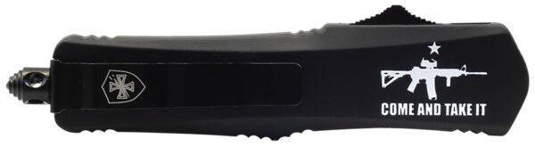 130598 Templar Knife SAR15531 Gen II Come And Take It Small 2.69″ OTF Tanto Part Serrated Black Oxide 440C SS Blade, 4.31″ Black w/ “Come And Take It” AR-15 Gun Aluminum Handle, Glass Breaker