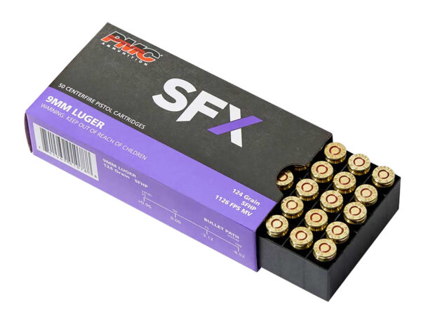 132640 PMC SFX 9mm Luger 124 gr JHP 50rd Box, 1201 fps