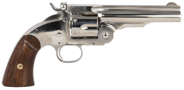 Taylors & Company 550670 Schofield Top Break 45 Colt (LC) Caliber with 5″Barrel, 6rd Capacity Cylinder, Overall Nickel-Plated Finish Steel & Walnut Grip