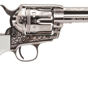 Cimarron PP410LNTXR Frontier Texas Ranger 45 Colt (LC) 6 Shot, 4.75″ Engraved Nickel-Plated Steel Barrel, Cylinder & Frame, Engraved “One Riot, One Ranger” Ejector Rod, White Polymer Grip