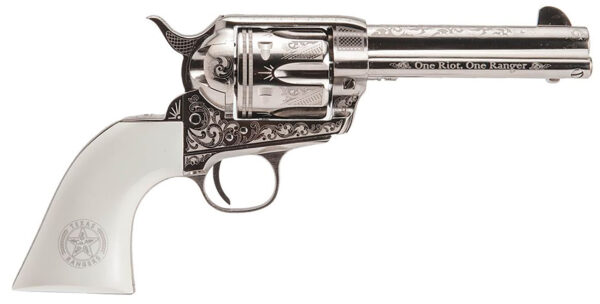 136758 Cimarron PP410LNTXR Frontier Texas Ranger 45 Colt (LC) 6 Shot, 4.75″ Engraved Nickel-Plated Steel Barrel, Cylinder & Frame, Engraved “One Riot, One Ranger” Ejector Rod, White Polymer Grip