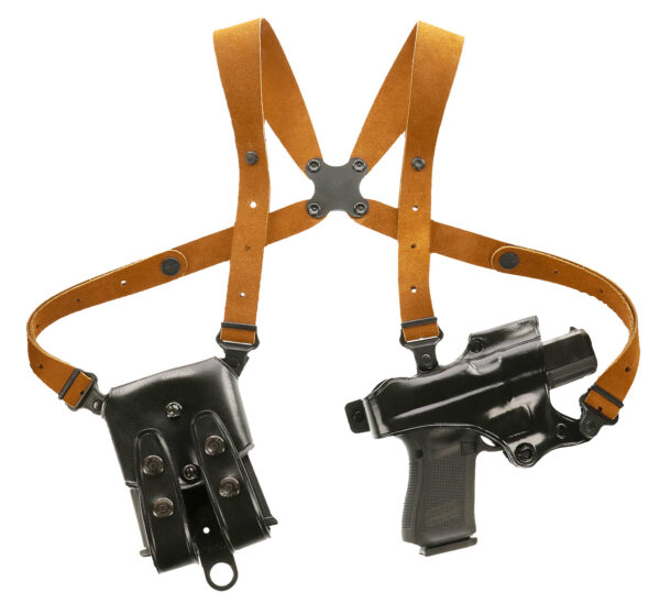 JR224B Full 4_Print Galco JR224B Jackass Rig Shoulder System Size Fits Chest Up To 56″ Black Leather Harness Compatible w/ Glock 19X/19 Gen1-5/Glock 23 Gen2-5 Right Hand