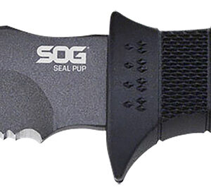 S.O.G SOGM37K Seal Pup  4.75″ Fixed Clip Point Part Serrated Powder Coated AUS-8A SS Blade Black w/Raised Diamond Pattern GRN Handle Includes Sheath