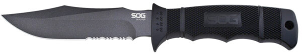 S.O.G SOGM37K Seal Pup  4.75″ Fixed Clip Point Part Serrated Powder Coated AUS-8A SS Blade Black w/Raised Diamond Pattern GRN Handle Includes Sheath