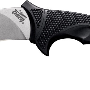 Cold Steel CS49KST Steel Tiger  4.75″ Fixed Plain Stone Washed Japanese AUS-8A SS Blade/Black w/Thumb Shelf & Finger Ring Griv-Ex w/Overmold Kray-Ex Handle
