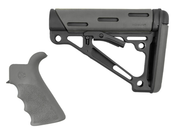 147460 Hogue 15556 OverMolded Collapsible Buttstock Black Synthetic & Slate Gray OverMolded Rubber Stock Slate Gray Rubber Finger Grooved Grip for AR-15, M16 with Mil-Spec Buffer Tube (Tube Not Included)