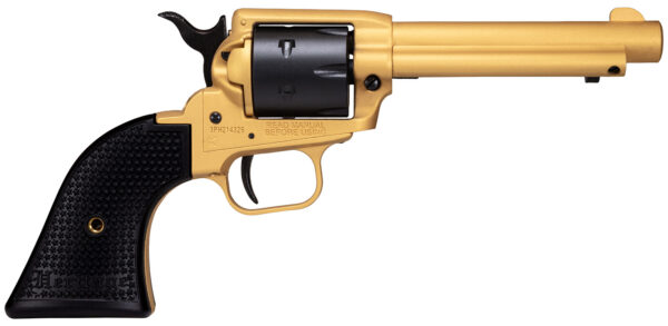 Heritage Mfg RR22S4 Rough Rider  22 LR 6 Shot 4.75″ Gold Cerakote Steel Barrel & Frame, Black Satin Cylinder, Black Polymer Grips Features Black Accents