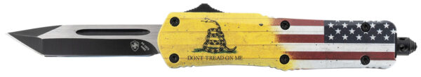 150212 Templar Knife S-DTOM-23-1 Gen II Don’t Tread On Me Small 2.69″ OTF Plain Black Oxide 440C SS Blade, 4.25″ Yellow w/Flag & “Don’t Tread On Me” Aluminum Handle, Glass Breaker