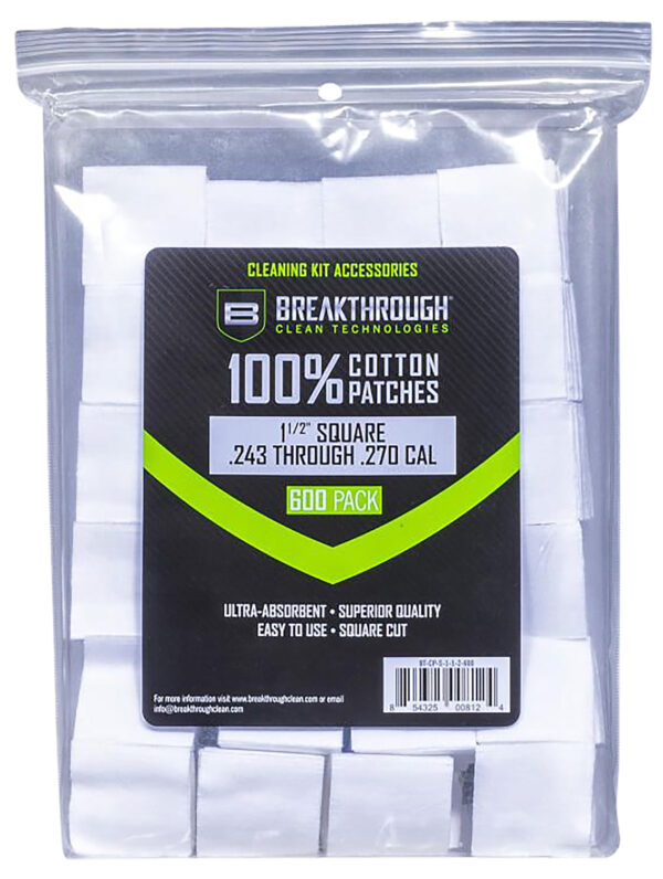 152476 Breakthrough Clean BTCPS112600 Cotton Patches .243-.270 Cal 1.5″ 600pk