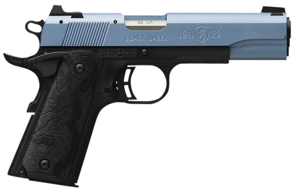153080 Browning 051897490 1911 Black Label Full Size Frame 22 LR 10+1, 4.25″ Matte Stainless Steel Barrel, Polar Blue Cerakote Serrated Slide, Matte Black Polymer Frame w/Beavertail, Black Laminate Wood Grip
