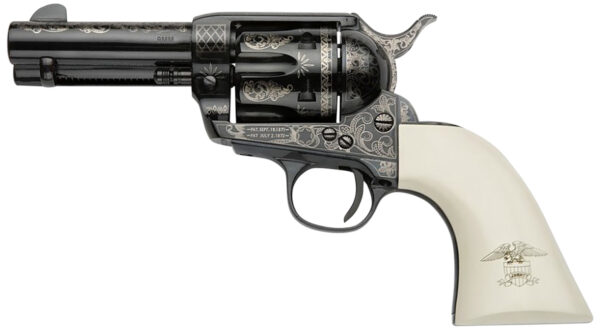 154517 Pietta GW9LLE312NMUI Great Western II Liberty 9mm Luger 6rd 3.50″ Blued Engraved Octagon Steel Barrel & Cylinder, Blued Engraved Steel Frame, Ultra Ivory w/Engraved Liberty Eagle Grip, Exposed Hammer