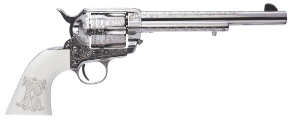 154527 Cimarron PP415LNTRII Teddy Roosevelt Frontier 45 Colt (LC) 6 Shot 7.50″ Nickel-Plated Engraved Barrel, Cylinder & Frame, White w/Laser Engraved “T.R.” Grip