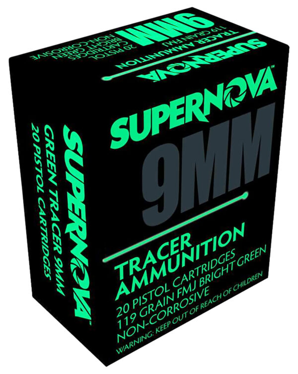 156926 Supernova PMSN9MMG Green Tracer Non Corrosive 9mm Luger 119 Gr Full Metal Jacket 20 Per Box/ 50 Cs