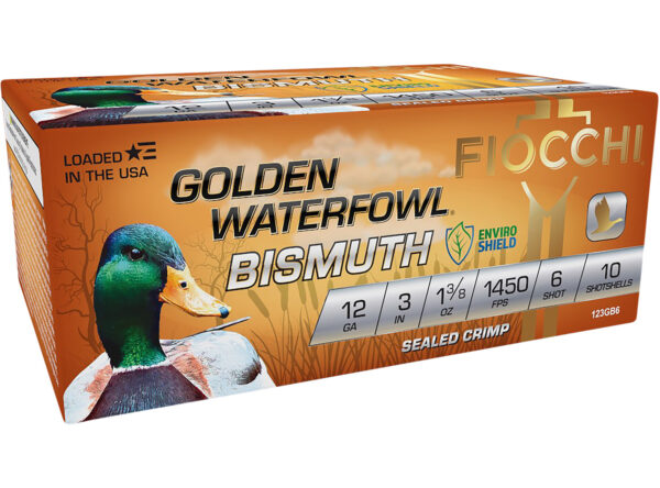 Fiocchi 123GB6 Golden Waterfowl Bismuth 12Gauge 3″ 1 3/8oz 6Shot 10 Per Box/10 Case