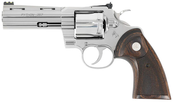 Colt Mfg PYTHONSP4WFTG Python Target 357 Mag/38 Special 6 Shot 4.25″ Polished Stainless Steel Recessed Target Vent Rib Barrel, Cylinder & Frame, Walnut w/Medallion Grip, Exposed Hammer