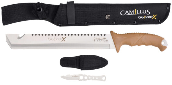 Camillus 19236-003 Carnivore  12″ Silver Ti Bonded 440 SS Blade, Brown ABS Handle, 18″ Long  Includes Sheath
