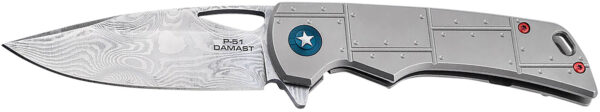Boker 01BO910DAM P-51 Damast  3.35″ Drop Point Plain Silver Acid Etch Damascus Blade Titanium Handle