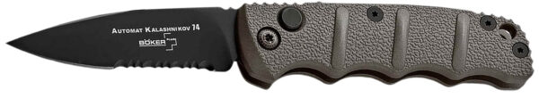 Boker 01KALS96  Kalashnikov 2.52″ Drop Point Plain/Serrated Black D2 Steel Blade Gray Aluminum Handle