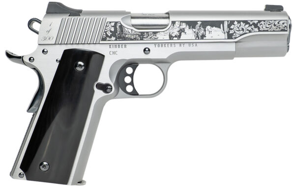 Cnc Firearms CNCWESTSPIRIT Kimber 1911 Western Spirit 45 ACP 7+1 5″ Stainless Steel Barrel, Serrated w/Engraved Scrollwork Slide, Black Buffalo Horn Grip