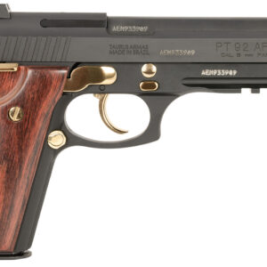Taurus 1-920151GLD-HW1 92  Full Size Frame 9mm 17+1 5″ Matte Black Stainless Steel Barrel, Matte Black Serrated Alloy Steel Slide, Matte Black w/Gold Accents Aluminum Frame w/Picatinny Rail, Wood Grip