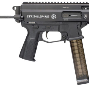 Grand Power 197892004831 SP45A3 Stribog 45 ACP 20+1 8″ Black Threaded Barrel, Black Aluminum Picatinny Rail Receiver, Black PDW Tailhook Brace, Black Polymer Grip, Thread Protector