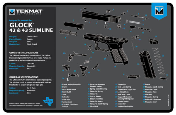 177692 TekMat TEKR17GLOCK4243BL Glock 42/43 Cleaning Mat Black/Blue/White Rubber 11″x17″ Glock 42/43 Parts Diagram