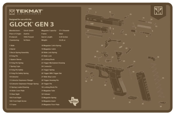 TekMat TEKR17GLOCKG3FDE Glock Gen 3 Cleaning Mat Flat Dark Earth Rubber 11″x17″ Glock Gen 3 Parts Diagram