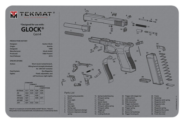 177695 TekMat Glock Gen4 Bench Mat 11×17 Gray