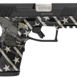 Taurus 1-GX2931-EN1 GX2  Compact Frame 9mm Luger 13+1 3.38″ Stainless Steel Barrel, Matte Black Serrated Alloy Steel Slide, Black w/Eagle, Stars & Stripes Polymer Frame w/Accessory Rail