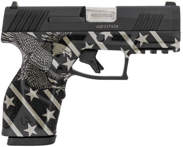 Taurus 1-GX2931-EN1 GX2  Compact Frame 9mm Luger 13+1 3.38″ Stainless Steel Barrel, Matte Black Serrated Alloy Steel Slide, Black w/Eagle, Stars & Stripes Polymer Frame w/Accessory Rail