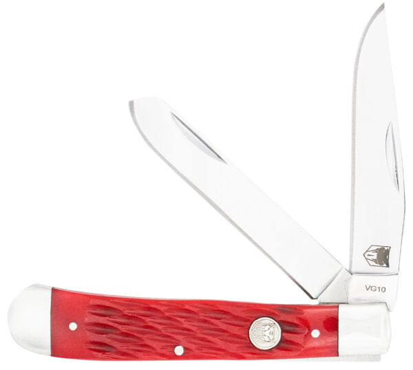 180341 CobraTec Knives CTTDTRPREDBN Trapper Folding 2.88″ Clip Point, 2.94″ Spey Plain Polished VG-10 SS Blades, 4.44″ Red Bone Scales/SS Handle