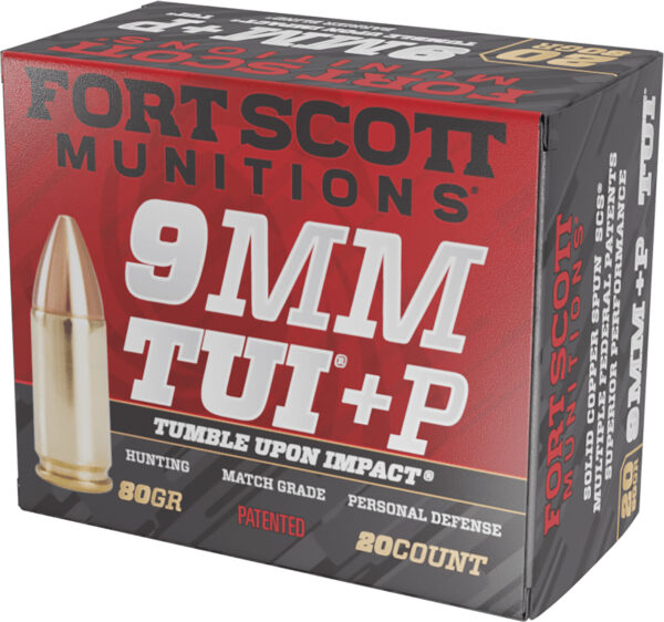 182977 Fort Scott Munitions 9MM+P-080-SCV Tumble Upon Impact (TUI) 9mm+P 80gr Solid Copper Spun 20 Per Box/25 Case