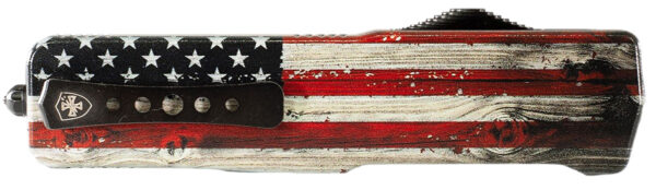183227 Templar Knife MZWUS121 Premium Weighted Small 3″ OTF Dagger Plain Black Oxide Stonewashed Powder Coated D2 Steel Blade, 4.50″ Painted Wood Grain US Flag Aluminum Zinc Alloy Handle