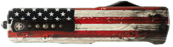 183255 Templar Knife Premium Weighted Wood US Flag Slim 3″ OTF Tanto Plain Black Oxide Stonewashed Powder Coated D2 Steel Blade, 4.50″ Painted Wood Grain US Flag Aluminum Handle