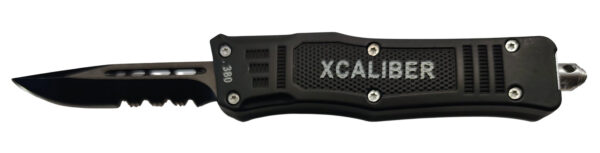 187758 Xcaliber Knife Company 380 ACP Small 2.75″ OTF Part Serrated Black 440C SS Blade, 3.91″ Steel Handle