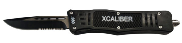 187759 Xcaliber Knife Company 380 ACP Medium 3.25″ OTF Part Serrated Black 440C SS Blade, 4.64″ Steel Handle