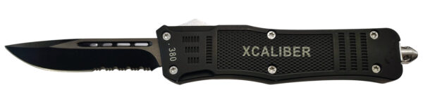 Xcaliber Knife Company  380 ACP  Large 3.80″ OTF Part Serrated Black 440C SS Blade, 5.30″ Steel Handle