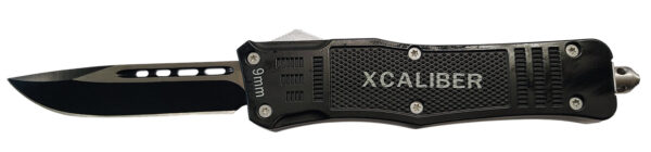 Xcaliber Knife Company  9mm  Large 3.80″ OTF Drop Point Black 440C SS Blade, 5.30″ Steel Handle