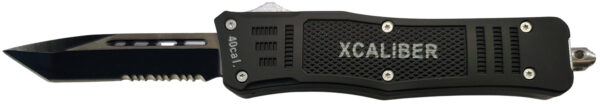 187765 Xcaliber Knife Company 40 Cal Medium 3.25″ OTF Tanto Part Serrated 440C SS Blade, 4.64″ Steel Handle