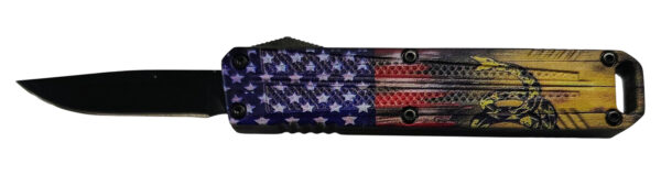 187770 Xcaliber Knife Company Drop Point Mini 1.80″ OTF Drop Point Plain Black 440C SS Blade, 3.52″ US Flag Aluminum Handle