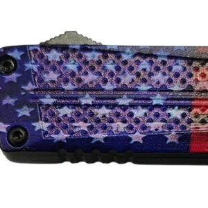 Xcaliber Knife Company  Don’t Tread on Me  Small 2.75″ OTF Drop Point Plain Black 440C SS Blade, 4.15″ US Flag Aluminum Handle