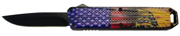 187776 Xcaliber Knife Company Don’t Tread on Me Medium 3.20″ OTF Drop Point Plain Black 440C SS Blade, 4.80″ US Flag Aluminum Handle