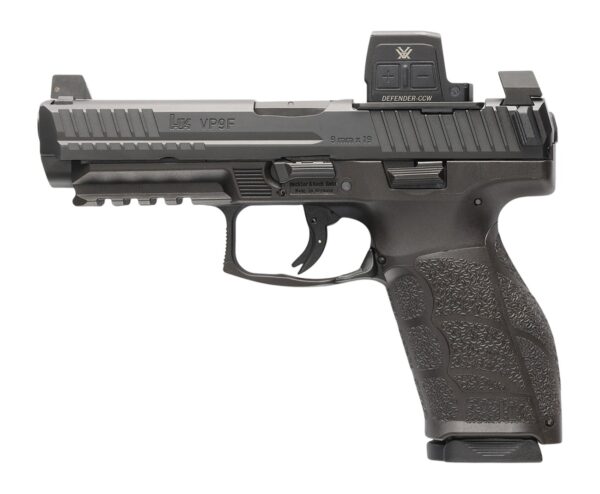 HK 81001351 VP9A1 F w/Optic 9mm Luger 15+1 4.53″ Black Barrel & Steel Serrated w/Optic Slide, Black Polymer Frame w/Picatinny Rail, Textured Grip, Vortex CCW
