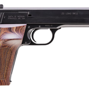 Smith & Wesson 130511 41  Full Size Frame 22 LR 10+1, 5.50″ Blued Button Rifled Steel Barrel, Serrated Slide & Frame, Checkered Wood Target Grip