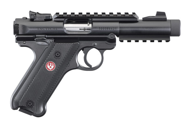 44366 Ruger 40150 Mark IV Tactical 22 LR Caliber with 4.40″ Threaded/Picatinny Rail Barrel, 10+1 Capacity, Overall Blued Metal Finish, Checkered Black Polymer Grip & Fixed Sights