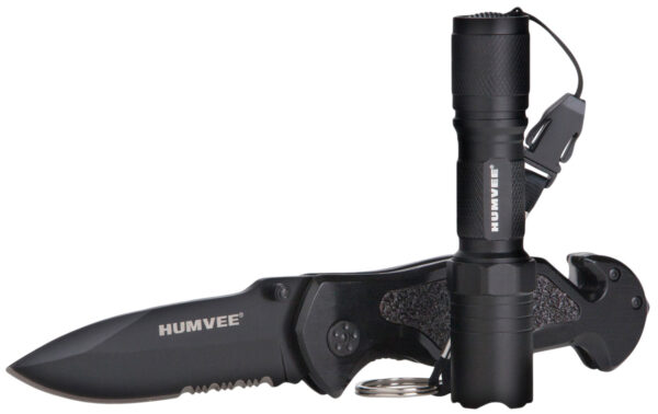 4556 Humvee Adventure Gear HMVKCER1 Rescue Combo 3.25″ Folding Spear Point Part Serrated Stainless Steel Blade Black Aluminum Handle Features Glass Breaker/Pocket Clip/Seatbelt Cutter